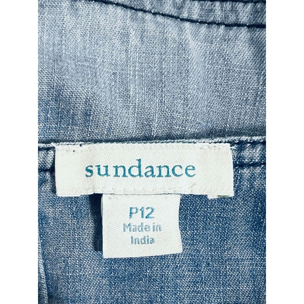 SUNDANCE Tiered Blue Denim Chambray Skirt Country Side Villa Boho Flare Size 12P - Picture 5 of 6